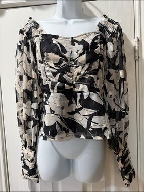 French Connection Ally Dinah Ruched Sleeve Chiffon Floral Peasant Blouse Sz 6
